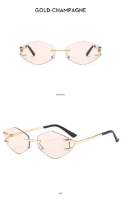 Close-up of rimless geometric sunglasses featuring gold metal temples and champagne lenses