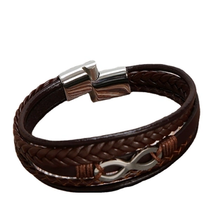 Handmade layered brown leather bracelet with silver infinity symbol and metal clasp