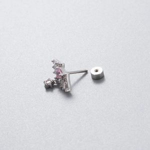 Silver angel wing heart earrings with pink zircon stones and screw back studs