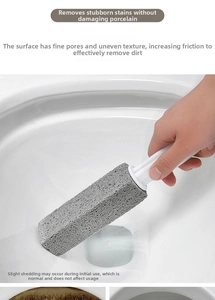 Detailed view of pumice stone toilet scrubber removing stains with a long plastic handle