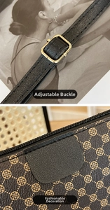 Detail of adjustable gold buckle and retro floral printed leather on shoulder bag