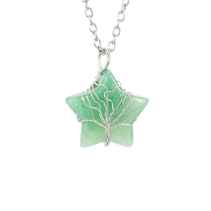 Detail of green star crystal pendant wrapped in silver wire life tree on O-chain