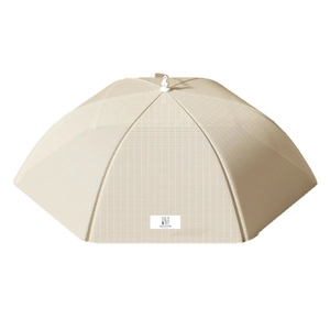 Foldable beige mesh food cover with hexagonal umbrella structure and white top handle