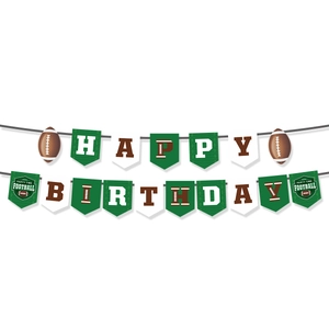 Detail of Happy Birthday football themed party banners with green and brown sports motifs