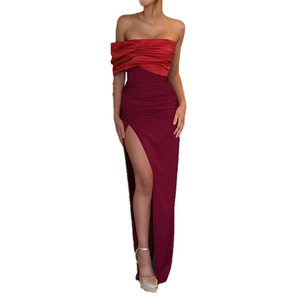 Robe de soirée bustier élégante avec fente haute en patchwork rouge et bordeaux