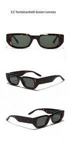 Three-view display of tortoiseshell square sunglasses with dark green lenses and wide temples