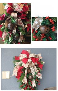 Detail of Christmas swag featuring rustic metal bells and festive red berry accents