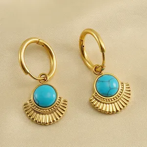 Vintage 18K Gold Plated Stainless Steel Fan Shaped Hoop Earrings With Turquoise Stone Bohemian Style Women