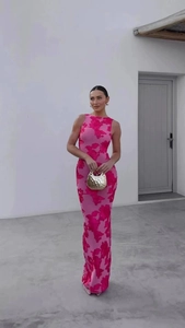 Detailed close-up of pink floral knit mesh maxi dress with sleeveless bodycon fit