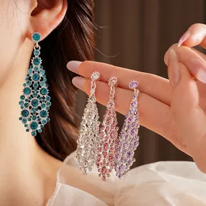 Luxurious silver needle rhinestone geometric long tassel drop earrings in four colors