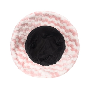 Top view of pink and white checkered plush bucket hat with soft fuzzy texture and black lining