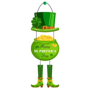 Vertical St. Patrick's Day hanging sign with green hat, gold coin pot and clover legs