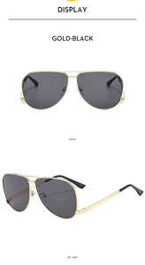 Front and 45-degree side views of gold aviator sunglasses with black lenses
