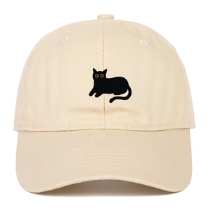 Classic beige cotton baseball cap with cute black cat embroidery and yellow eyes
