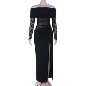 Detailed view of the sheer mesh waist and lace sleeve of the off-shoulder black maxi dress