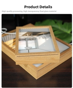 Detail of DIY light box frame with high transparent float glass and natural wood grain finish