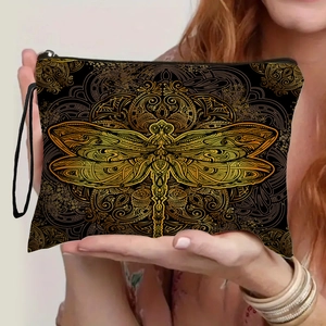 Dragonfly dragonfly printed makeup bag with gold mandala pattern and zipper closure