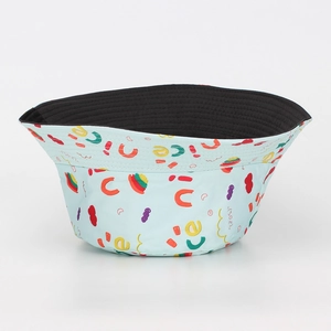 Close-up of light blue sun hat with colorful rainbow letter prints and black lining