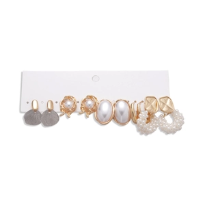 6-pair set of elegant gold-tone pearl and floral stud earrings on white card display