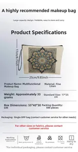 Detailed view of linen makeup bag with blue mandala print and 17x25cm dimensions