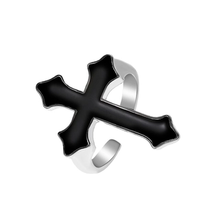 Gothic vintage zilveren open ring met groot zwart kruis voor dames en heren