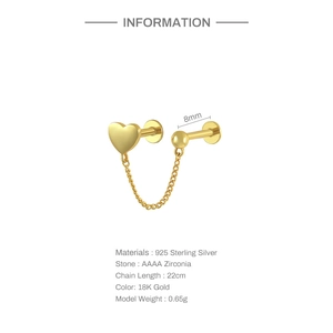 Detailed specifications of heart chain stud earring in 925 silver with zirconia and gold finish