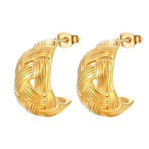 Fashionable 18K gold plated mesh grid pattern semi-circle hoop earrings for women