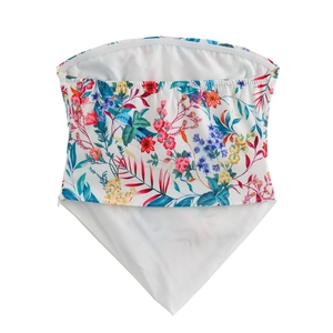 Women's floral print strapless crop top with colorful patterns and a pointed hemline