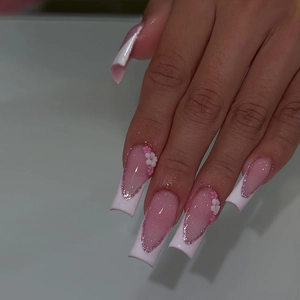 Medium Long French White Edge Flower Press On Nails Pink Gradient Silver Glitter 3D Removable Fake Nails For Women Girls