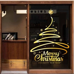 Pegatinas Ventana Árbol De Navidad Dorado PVC Estáticas Calcomanías Copo De Nieve Adornos Cristal Visibles Por Ambos Lados