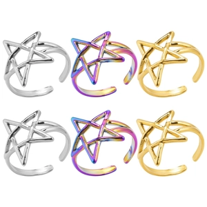 Stainless Steel Star Ring Adjustable Open Jewelry For Women Minimalist Style Hollow Cutout Pentagram Gold Silver Rainbow