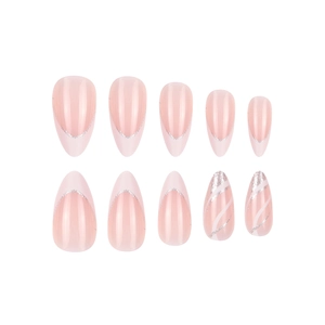 Almond press-on nails with pink base, silver glitter French tips and wavy patterns