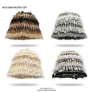 Women Fuzzy Plush Bucket Hat Acrylic Colorful Mixed Knit Warm Winter Fisherman Hat Japanese Sweet Style