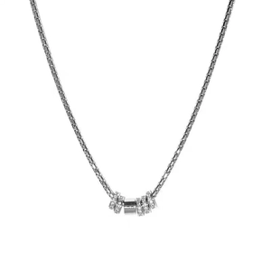 Unisex silver necklace with sparkling diamond-encrusted ring pendants in a luxury style