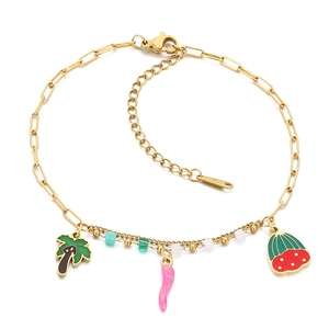 Bracelet de cheville double en acier inoxydable avec breloques de fruits colorés
