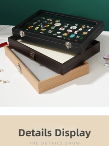 Detailed view of the badge collection box showing retro metal clasp and velvet lining