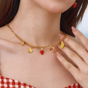 Gold stainless steel necklace with colorful fruit and celestial enamel charms