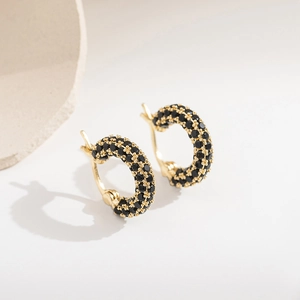 Modern gold hoop earrings with double row black zircon micro-pave for men and women