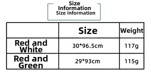 Size chart for Christmas striped velvet hats showing red-white and red-green dimensions