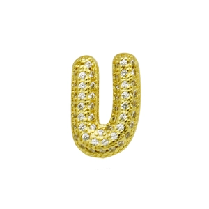 Detailed view of gold plated alphabet U letter charm with sparkling cubic zirconia inlay