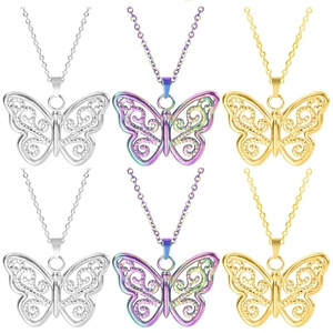 Detailed macro view of 18k gold plated hollow butterfly pendant necklaces in three colors