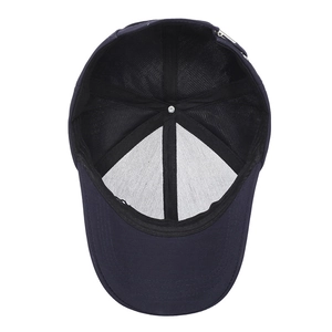 Interior view of navy blue baseball cap with sweatband and adjustable metal buckle