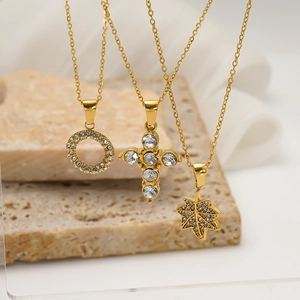 18K gold plated stainless steel necklaces with cross and leaf pendants with zircons