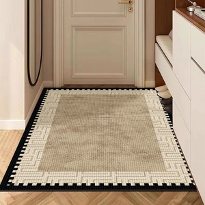 French vintage beige entryway rug with TPR backing and geometric border design