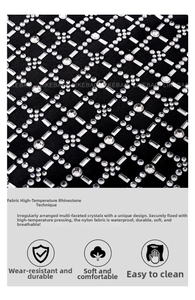 Detail of waterproof nylon fabric with heat-pressed crystal rhinestones in grid pattern