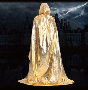 Detail of hooded golden cloak with metallic finish for Halloween costume and role play events