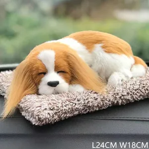 Detailed view of realistic sleeping Cavalier King Charles Spaniel plush toy, 24x18cm