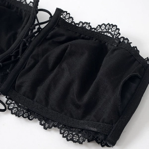 Black lace strapless bralette with lace trim and interior padding pocket detail