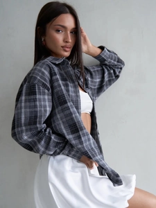 Chemise en flanelle à carreaux gris et noir pour femme, coupe décontractée à manches longues