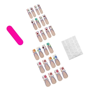 Handmade floral press-on nail kit with 24 pieces, jelly glue, and a pink nail file tool